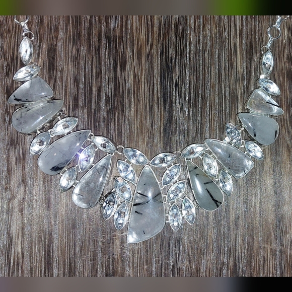 Black Rutile Quartz and White Topaz Statement Necklace - Picture 4 of 5